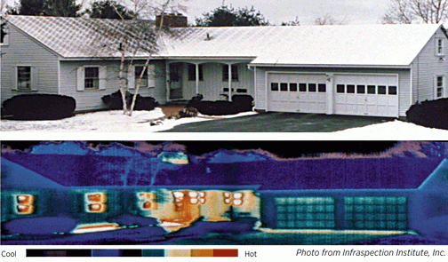 An energy efficient home shown through a thermal camera to visualize energy loss/savings